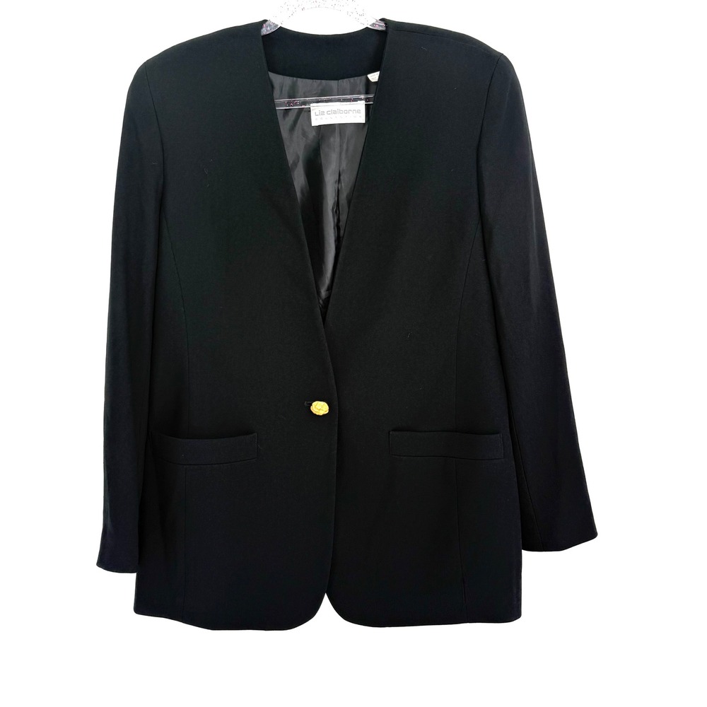 Liz Claiborne Collection Black Collarless Blazer Gold Button V-Neck Sz 8